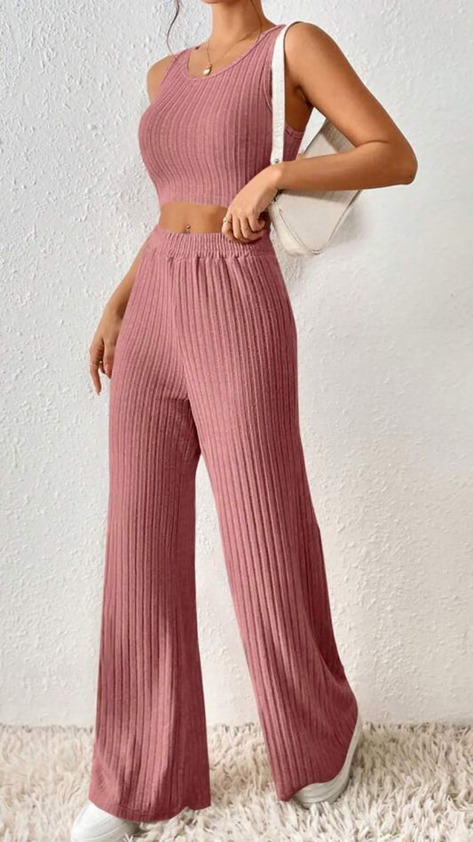 Casual Knitted Vest High Waist Trousers Cotton PJ Set